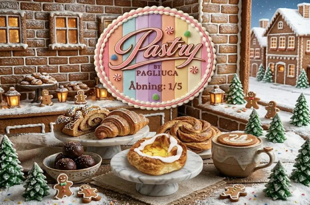 Kager og kaffe fra Pastry By Pagliuca i honningkage-landskab.
